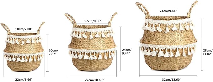 Tassel Macrame Woven Seagrass Belly Basket for Storage, Decoration, Laundry, Picnic, Plant Basin Cover, Groceries and Toy Storage (Large, Tassel)