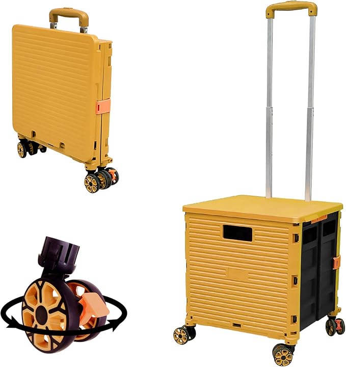 FELICON SELORSS Foldable Utility Cart Folding Portable Rolling Crate-Yellow | Durable,Heavy Duty,Plastic Box,Telescoping Handle,4 Rotate Wheels,Collapsible Handcart for Travel Shop Move Luggage Office