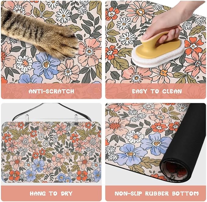 Dog Food Mats for Floors Waterproof, Cat Water Bowl Mats Pet Feeding Absorbent Placemats Flower 16 * 24 inch