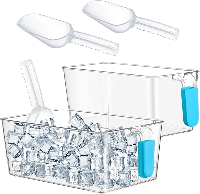 Havawish Ice Storage Bin and Flexible Scoop Set Plastic Freezer Bin | Freezer Ice Bin Scoop, Clear Bucket Container, Pull Handle, Flexible Storage, 10.83 X 7 X 4.33 In,10.83 X 4.92 X 4.33 in