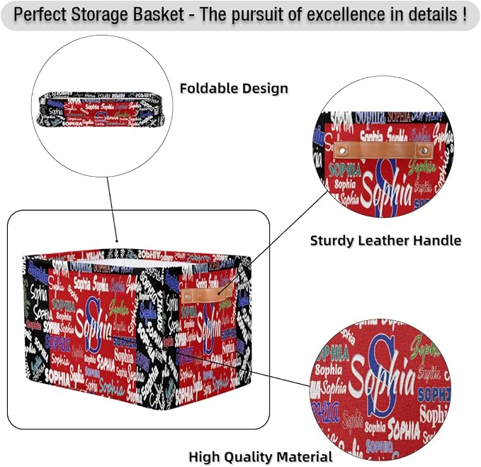 Personalized Name Storage Basket Handles, Canvas Storage Bins Toys Clothes Organizer for Bedroom, Kitchen, Bathroom, Nursery, Shelves, Closets, Black with Red Color