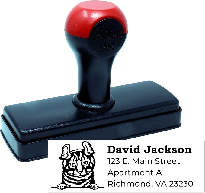Highlander Cat Address Stamp, Personalized Rubber Seal, Duo Hand Stamp for Envelopes, Custom Feline Decor Set for Home or Office