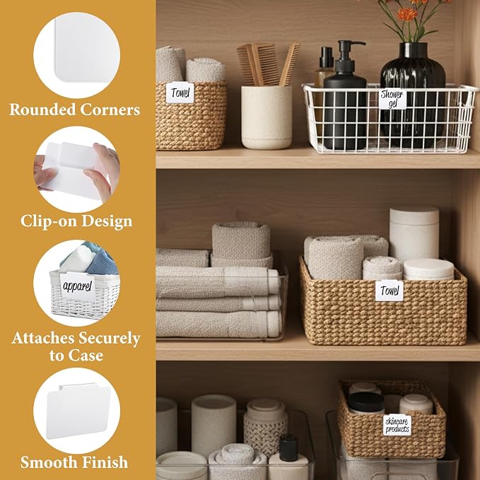 16Pcs White Clip-On Basket Labels, 3.5x2.5 Inch Removable PVC Labels with Holders for Storage Bins, Pantry & Closet Organization, Removable Label Holders