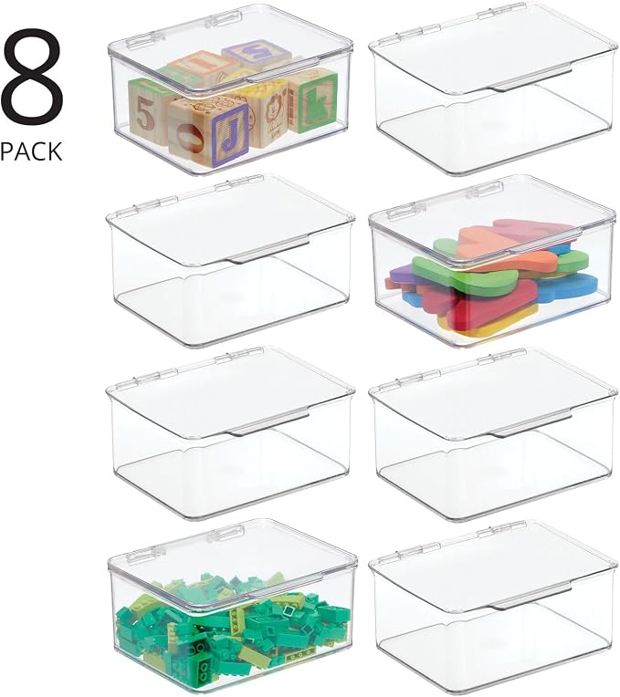 mDesign Plastic Playroom and Gaming Storage Organizer Box Containers with Hinged Lid for Shelves or Cubbies, Holds Small Toys, Building Blocks, Puzzles, Markers, Controllers, or Crayons, 8 Pack, Clear