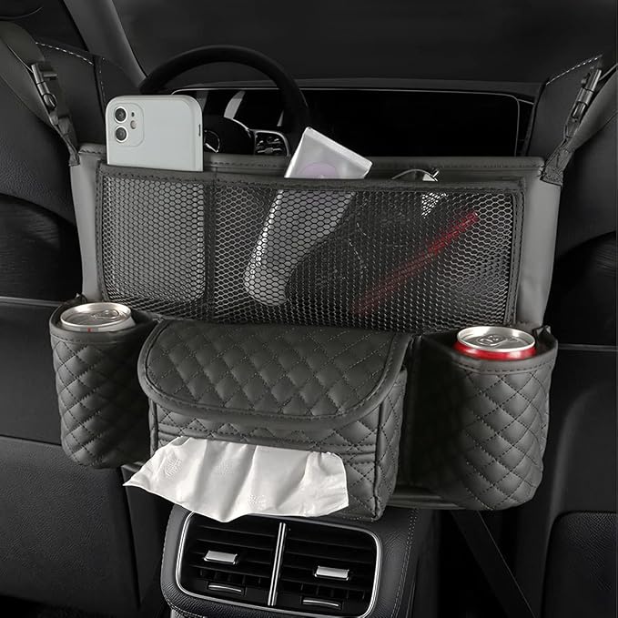 zipelo Car Handbag Holder Between Seats, PU Leather Multi-Pocket Large Capacity Purse Holder, Auto Net Bag Barrier of Backseat Pet Kids, Car Seat Organizers and Storage for Cargo Tissue Cup (Black)