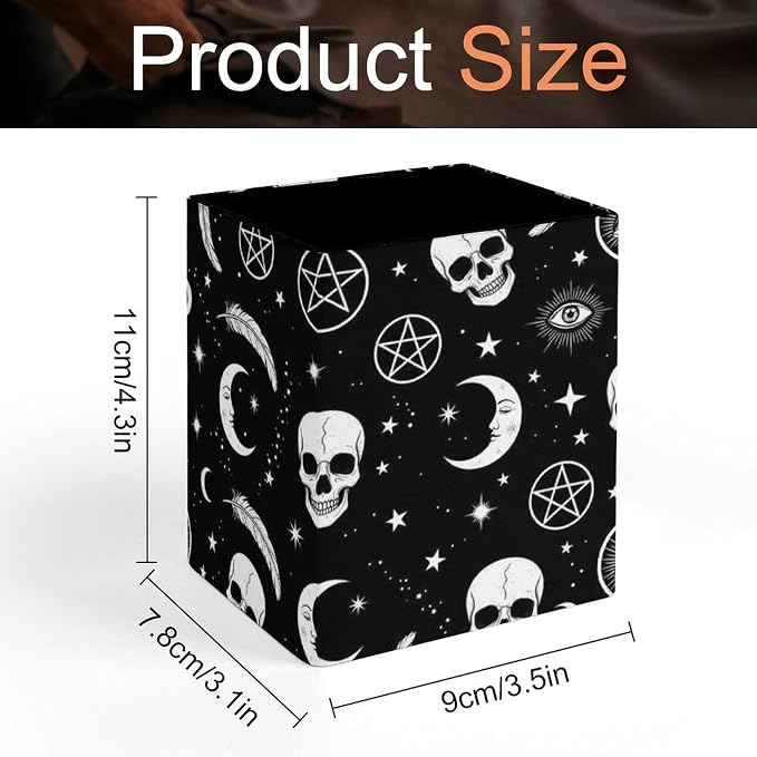 Pen Pencil Holder for Desktop, Pu Leather Stationery Organizer Goth Raven Crow Skull Moon Star Gothic Witch Eyes Square Pencil Cup Office Accessories Container Box