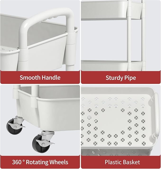 Sywhitta 4-Tier Plastic Rolling Utility Cart with Wheels for Storage,White | Multi-Functional Storage Trolley, for Office, Living Room, Kitchen, Bathroom,Movable Organizer,Space-Saving,Easy to assemble