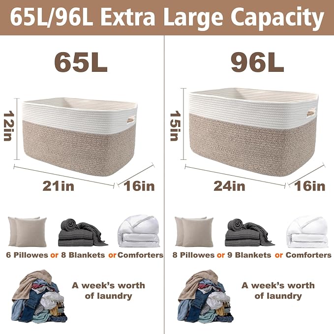 JMvicyroam 96L Large Woven Cotton Rope Blanket Basket, White&Oatmeal | Blanket storage for living room or bedroom use, Freestanding with reinforced handles, Entire basket is machine washable