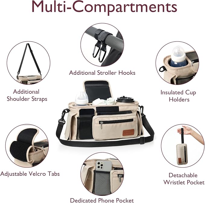 Momcozy Universal Stroller Organizer with Insulated Cup Holder | Detachable Phone Bag and Shoulder Strap, Fits for Uppababy, Baby Jogger, Britax, BOB, Umbrella, and Pet Strollers