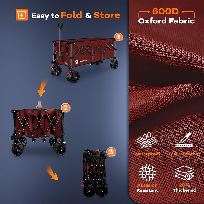 Originsure 300L Beach Wagons Carts Foldable with Big Wheels, 560lbs, Red | 48" Folding Utility Wagon,7" All-Terrain Wheels,Heavy Duty Frame,Compact&Space-Saving,for Camping,Sports,Grocery,Garden