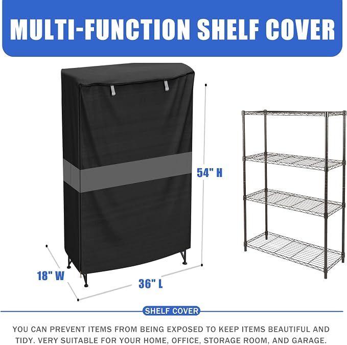 Wire Shelf Cover 36x18x54 600D Waterproof Dustproof Storage Rack Cover | dustproof, black grey splice design, silver inner coating, zipper roll-up door, velcro , reinforced stitching