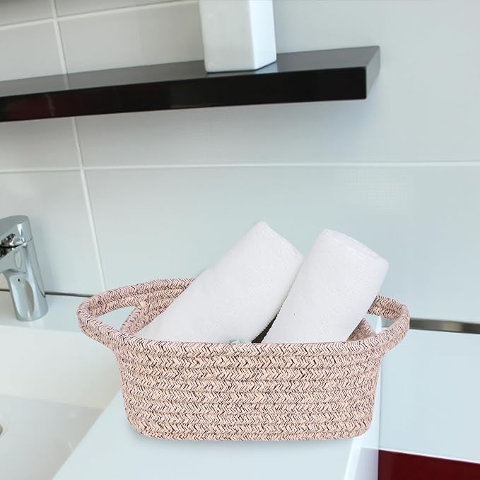 ABenkle Small Storage Basket, Mini Basket, Cute Tiny Cotton Rope Woven Basket, Shelf Basket, Boho Decorative Toy Dog Cat Basket for Nursery, Bedroom, Spa, Empty Gift Basket - XS, Mixed Brown