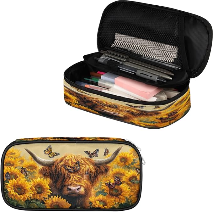 Pencil Cases Large Capacity Pen Pouch, Sunflower Cow Butterfly Pencil Box Organizer School Supplies for College Student Teen Adults