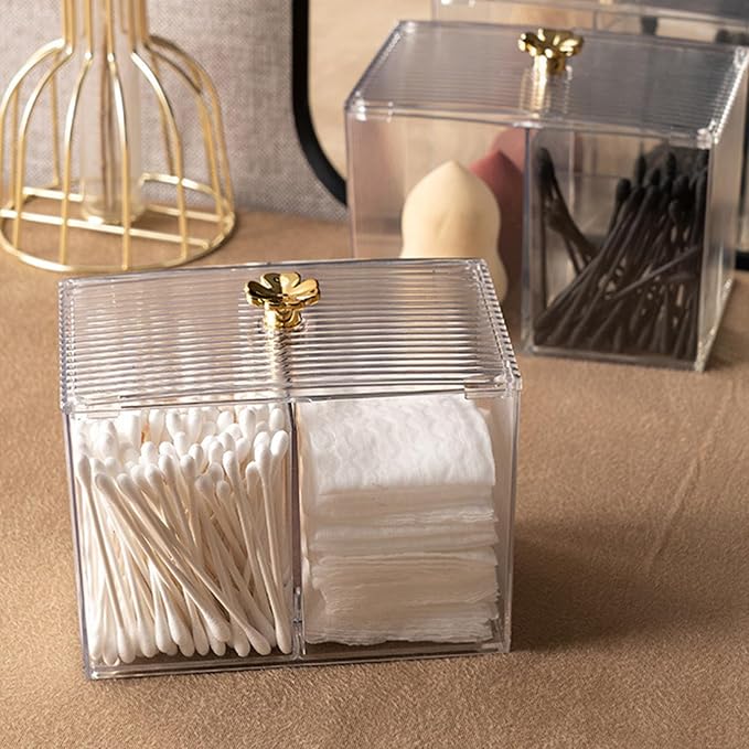 Cotton Pad Storage Box Cotton Swab Container Transparent Cosmetic Organizer with Lid Grid for Makeup Vanity Desk Decoration Durable PET Plastic 248g