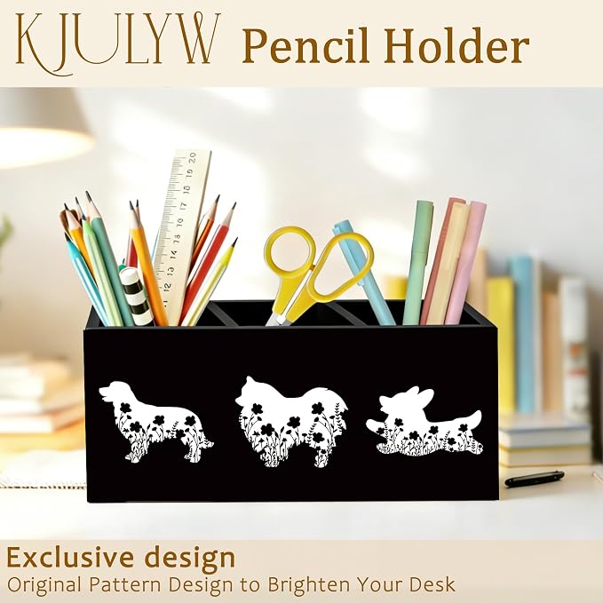 Dog Pen Holder for Desk, Pet Lover Owner Gifts, Black and White Floral Dog Wooden Box Pencil Pen Holder Organizer for Home Office Desk Accessories