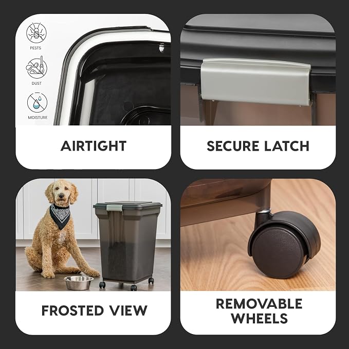 IRIS USA Dog Food Storage Container, Up to 58 lbs, Smoke Black, Made in USA | Wheels for Mobility, Airtight Seal, BPA-Free, Best for Bird Seed, Cat food, Cat Litter, Chicken Feed, Pellets