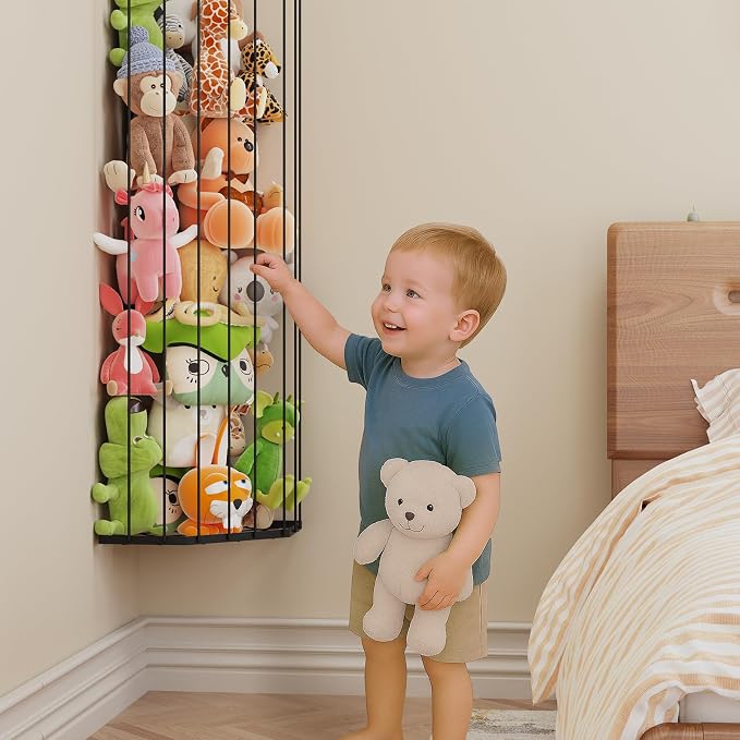 BBLlKE Stuffed Animal Storage Zoo - Corner Plush Toy Organizer Length Adjustable, Wall Hanging Stuffed Animal Net Holder for Nursery Playroom Bedroom Kids Room, Black