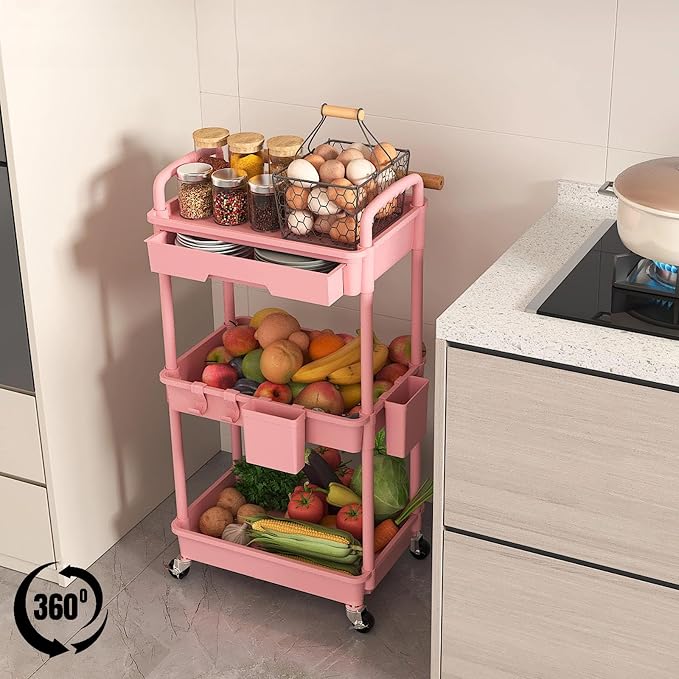 3 Tier Rolling Utility Cart with Drawer, Plastic Storage Organizer Rolling Carts with Wheels Handles Hanging Cups Hooks for Office, Bathroom, Kitchen,Craft Art Room (Pink)