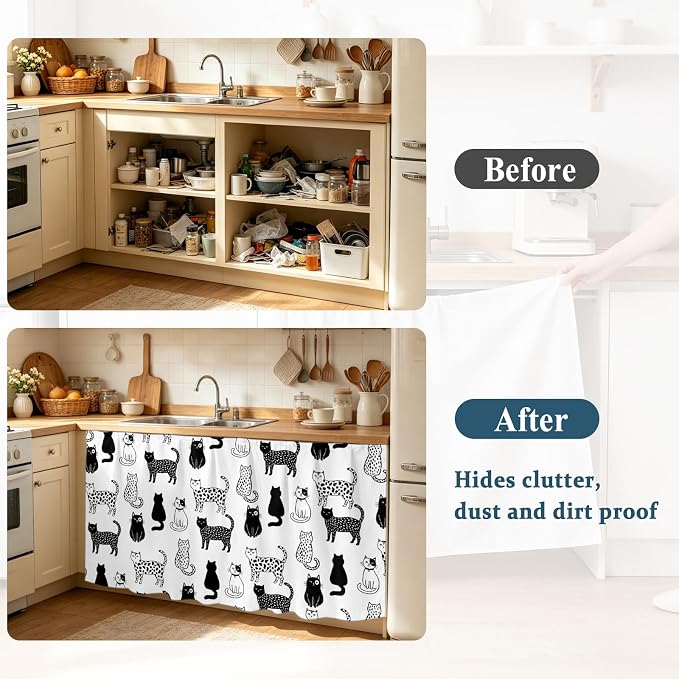 Cat Animal Cabinet Curtain 32"Wx55"L,Dustproof Pantry Door Curtain with Self Adhesive Tape,Black White Earthy Tone Pet Modern Minimalist Tall Storage Cover Privacy Drape for Bathroom Kitchen Laundry