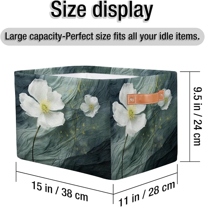 White Floral Flower Rectangular Storage Bin Collapsible Storage Basket Organizer Boxes with Leather Handle Storage Cube for Shelves Toy Laundry Nursery 2 PC