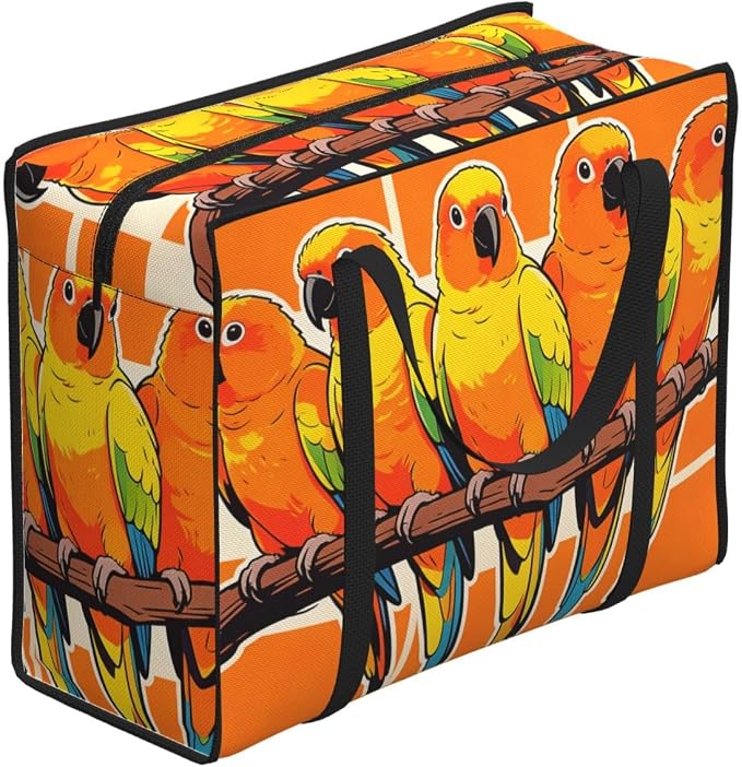 Foldable Reusable Tote Bag Orange Parrots Tropical Bird, Large Capacity Waterproof Oxford Fabric Shopping Tote for Grocery and Travel Camping