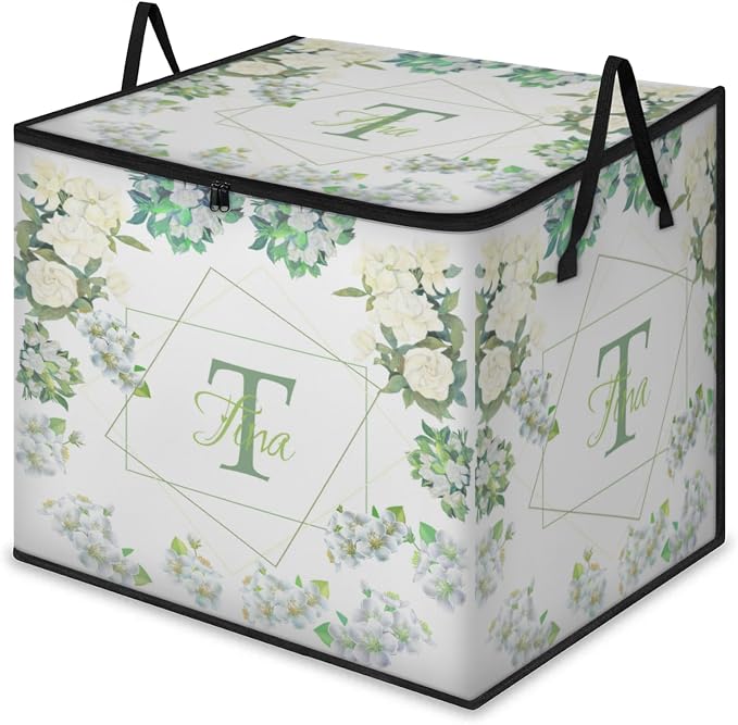 Personalized Name Foldable Storage Basket Cubes with Lid, Laundy Hamper Dirty Clothes Pet Toys Storage Bin with Handles for Shelf Home Closet Kitchen, Off White Gardenia Floral