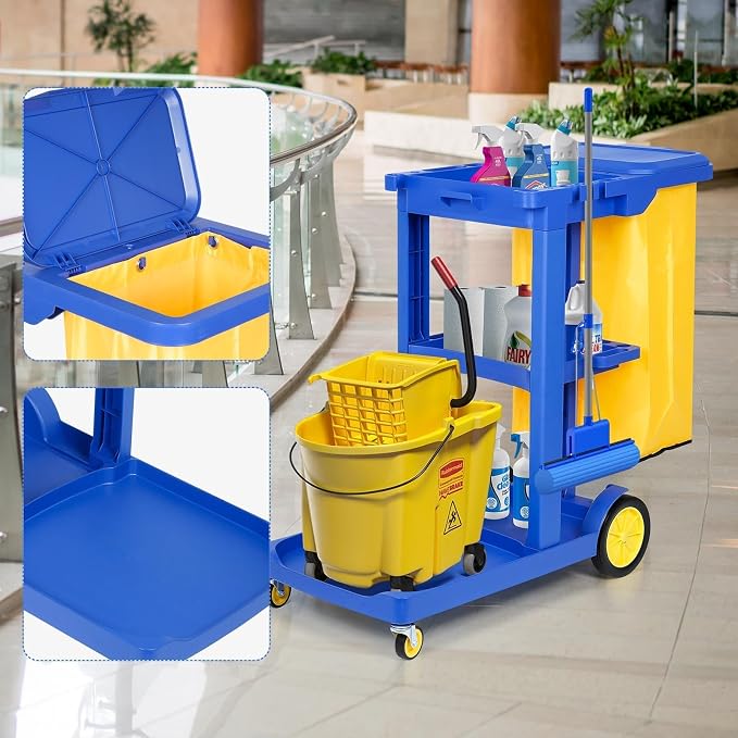 tonchean Commercial Janitorial Cart, 3-Shelf Housekeeping Cart with 22 Gallon Vinyl Bag & Cover, Large Cleaning Cart with Wheels for Hotel, Store, School, Office
