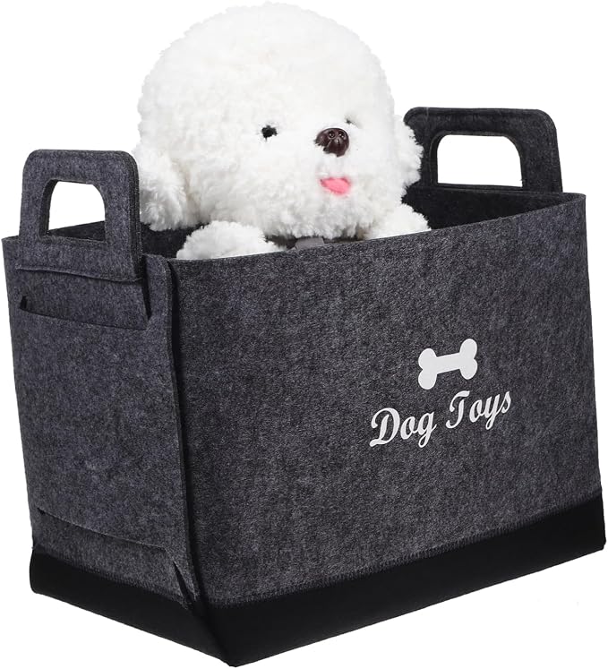 Mobestech Dog Toy Storage Basket Felt Pet Toy Organizer Two Side Handles Thick Material for Easy Use Versatile for Living Room Bedroom and Outdoor Activities