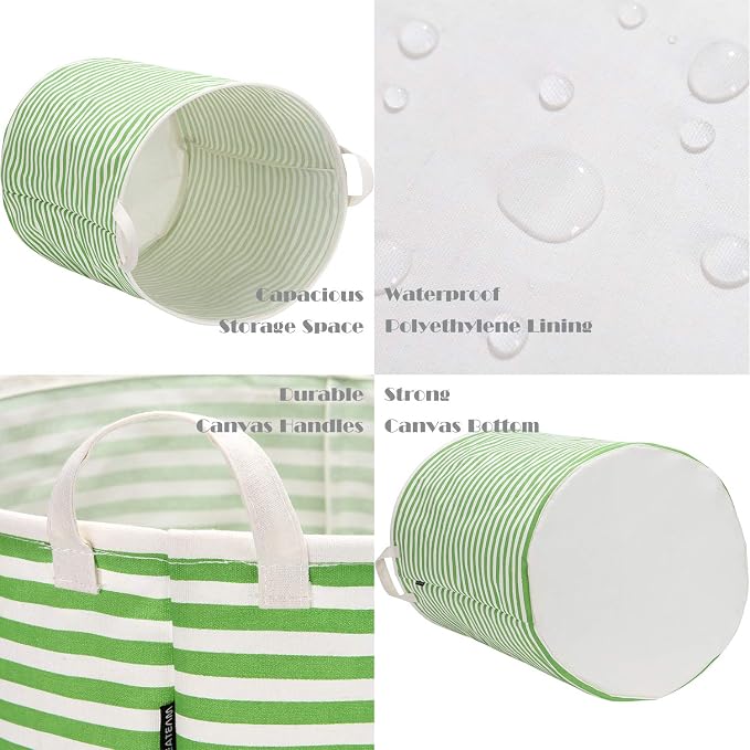 Sea Team Large Canvas Laundry Basket with Handles, Green Stripes | Collapsible Fabric Laundry Hamper, Closet Shelf Organizers, Containers for Clothing, Blankets, Toys, Bedding, 19.7 x 15.7”