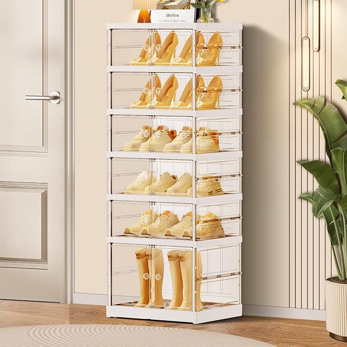 CIMLORD 6-Tier Foldable Shoe Rack, Magnetic Clear Doors, 12 Pairs, White | Collapsible Narrow Plastic Shoe Cabinet, Stackable, Lidded, Tool-Free Assembly, Fits Boots & Sneakers, Closet & Entryway