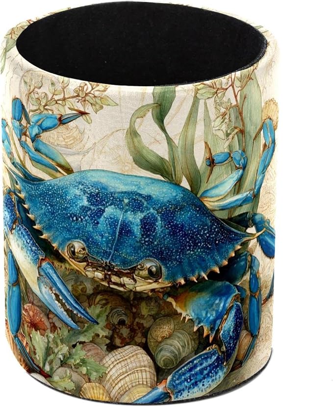 Faux Leather Pen Holder for Desk, Pencil Organizer Blue Crab Pen Cup Desk Decor Makeup Brush Holder Storage for Office Home