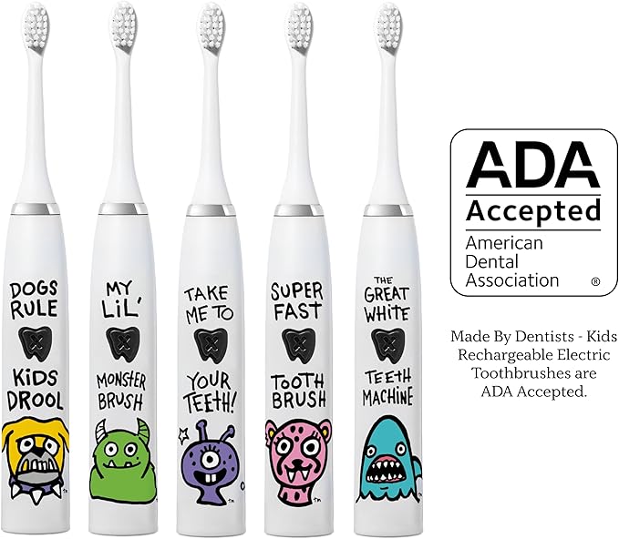 Made by Dentists Kids Electric Toothbrush - Rechargeable Vibrating Toothbrush with Timer, Includes 6 Replacement Heads, Gently Cleans Teeth, Kid & Toddlers Age 2+, (Bulldog)