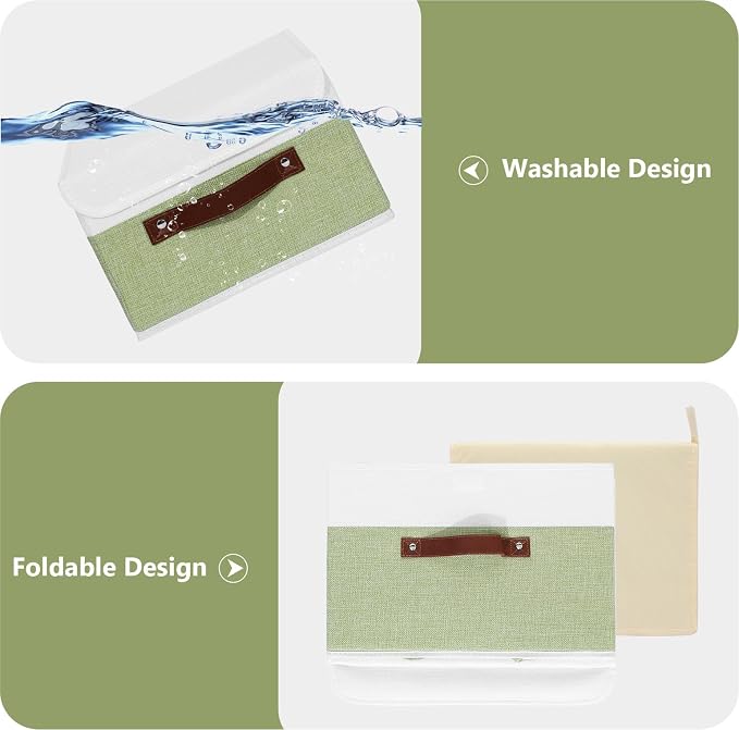 ANMINY Fabric Storage Box Bins with Lids, Green White, 10"x8"x7", 2 Pack | Keepsake Memory Storage, Cotton Linen, PP Board Reinforced, Washable, PU Handles, Foldable & Stackable, Decorative, Small