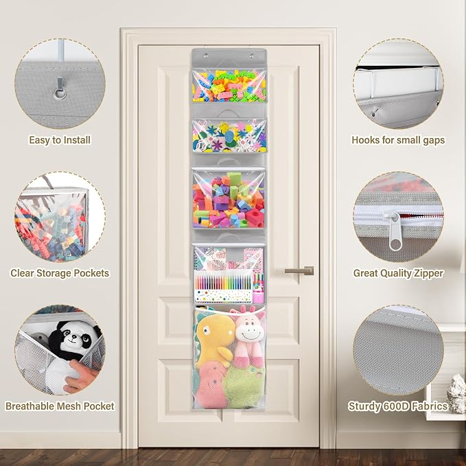 Over Door Toy Organizer, Hanging Stuffed Animal Storage with Removable Bags | Gray Toy Storage Case Behind Door for Block, Puzzle, Bi-Fold Closet Holder Idea with Mesh Pocket, Kid Boy Girl Nursery Room