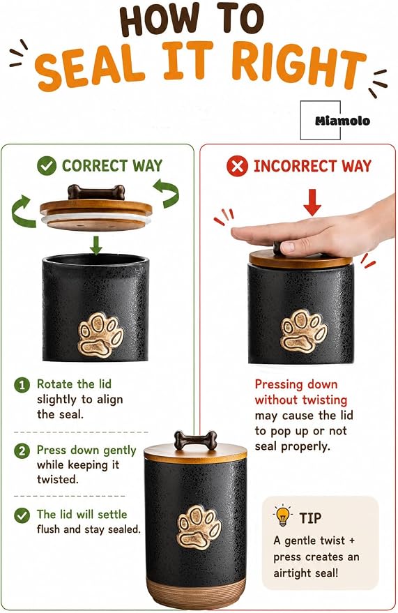 Miamolo Dog Treat Storage Container for Kitchen Counter, Lock in Freshness | Ceramic Jar with Airtight Seal Lid, Puppy Treats Food Canister | Farmhouse Decor, Doggie Cookie Jar Gift, Paw Glinting Black