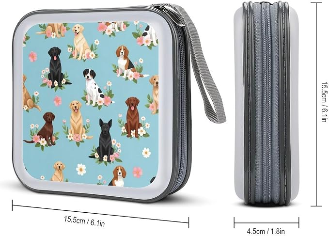 Protective 40-Capacity CD Organizer Australian Shepherd Dogs Flowers, Hard Case Storage Binder with Zipper, Portable Wallet for Car Home Office