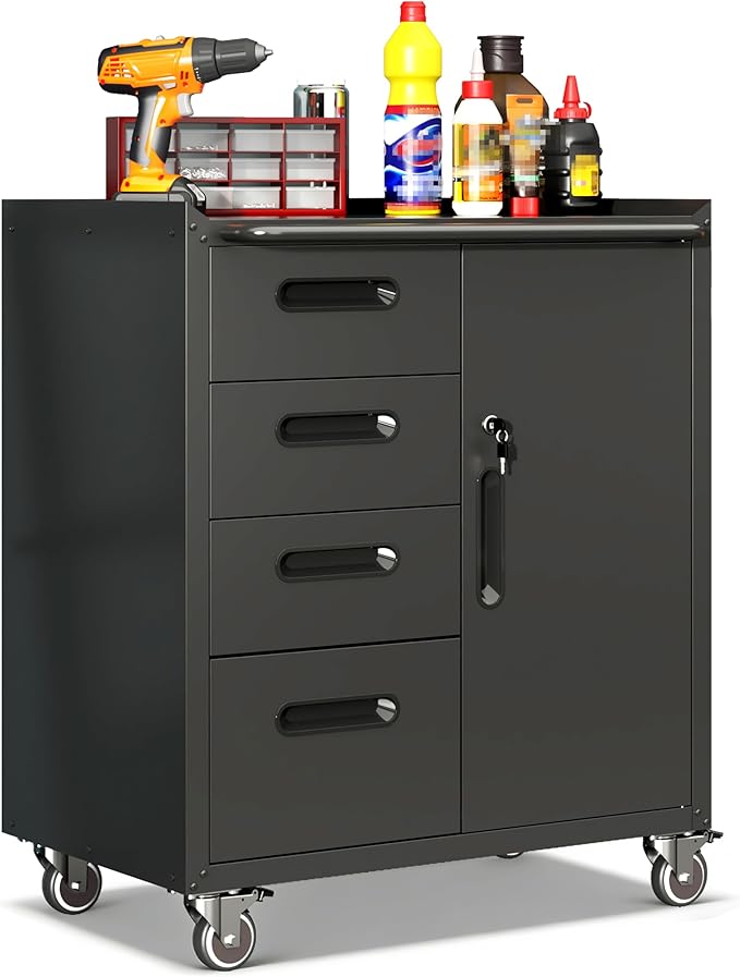 Garage Cabinets,Metal Garage Storage Cabinet with Wheels,Black Lockable Rolling Tool Cabinet with Drawer and Adjustable Shelves,Heavy Duty Tool Chest for Home Office Utility Room