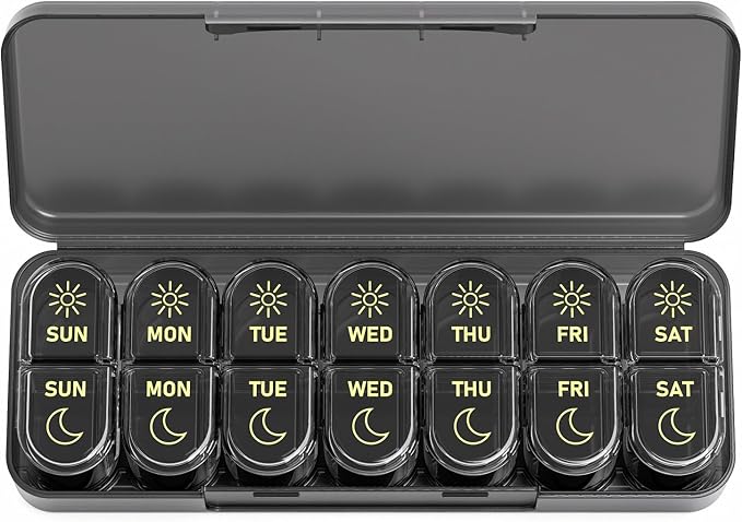 Daviky Pill Organizer 2 Times a Day, AM PM Pill Organizer Box Weekly 7 Day | Portable Travel Pill Organizer, Cute & Compact, Easy-Open Large Compartments, Reusable for Pills, Vitamins & Supplements