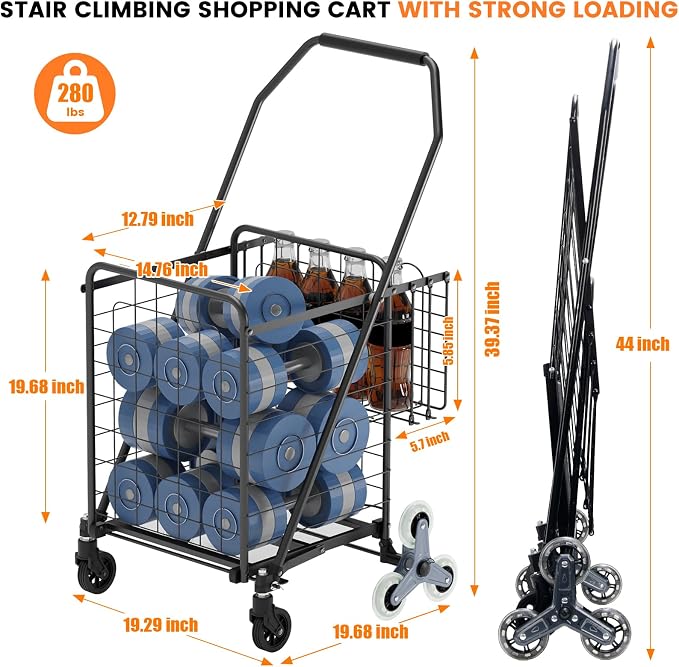 Upgraded Stair Climbing Shopping Cart for Groceries, 280LBS Grocery Cart | Waterproof Liner, 360° Rolling Swivel Wheels, Heavy Duty Utility Cart Folding Shopping Carts for Laundry Luggage Gift