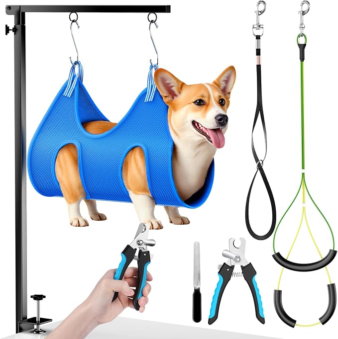 Dog Grooming Arm, 26"-38" Adjustable Clamp with Hammock | Nail Clippers Included, Adjustable Height, Heavy-Duty Design, 2 No-Sit Holders, Small & Medium Dogs