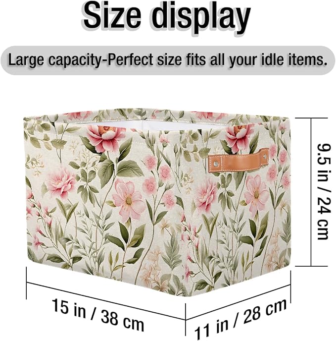 Wild Rose Flower Floral Rectangular Storage Bin Collapsible Storage Basket Organizer Boxes with Leather Handle Storage Cube for Shelves Toy Laundry Nursery 1 PC