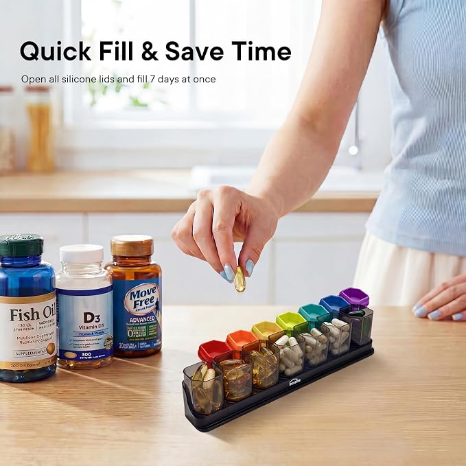 Medium-Large Weekly Pill Organizer 1 Time a Day, Multi-Colored | BPA-Free, Spill-Resistant, Detachable 1-a-Day Boxes, for Vitamins & Medication, Travel-Friendly, Velvet Pouch