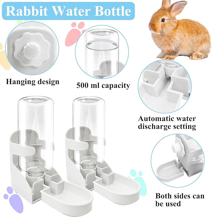kathson 2 PCS Rabbit Water Dispenser for Cage 17 Oz Hanging Guinea Pig Water Bottle No Drip Gravity Automatic Bunny Water Bottle No Leak Small Animal Water Bottle for Chinchilla Ferret Hamster（White）