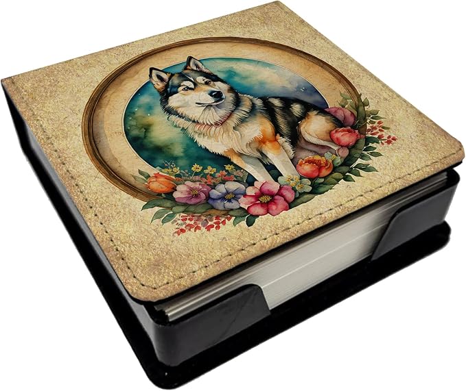 Caroline's Treasures Alaskan Malamute and Flowers PU Leather Note Paper Holder with Artist-Designed Cover, Desk Accessory, Office Gift