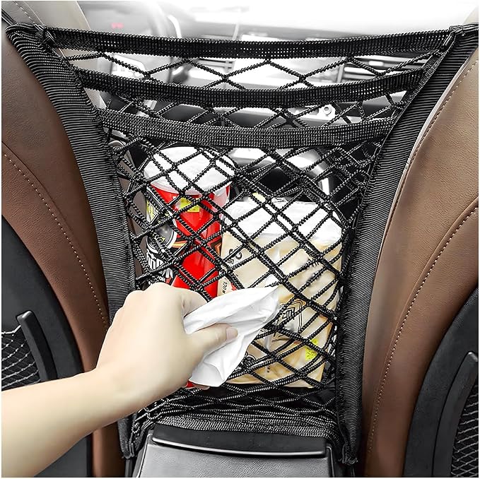 3-Layer Car Mesh Organizer, Seat Back Net Bag Stretchable Barrier of Backseat Pet Kids, Four-Side Elastic Storage Netting Pouch Cargo Tissue Purse Holder Between Front Seats