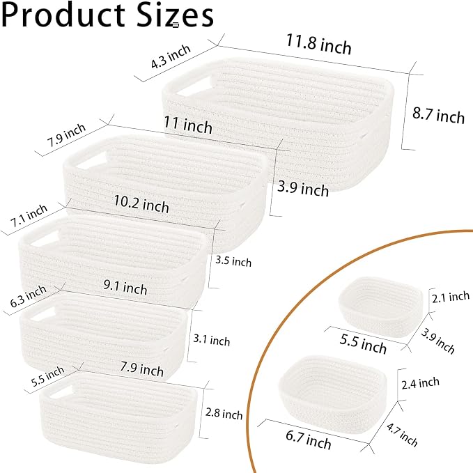 7 Piece Cotton Rope Woven Basket Set - Small Basket for Baby Nursery, Pets, Montessori, Dog & Cat Toy Boxes, Bathroom Organization Bins (White)