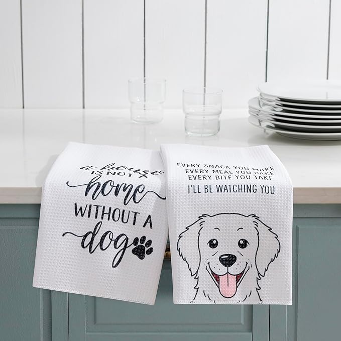 Set of 2 Waffle Weave Kitchen Towels, 380 GSM Absorbent Quick-Dry Microfiber Dish Towels, Funny Dog Tea Towels, 18 x 30 Inches, Gift for Dog Lovers, Kitchen Decor