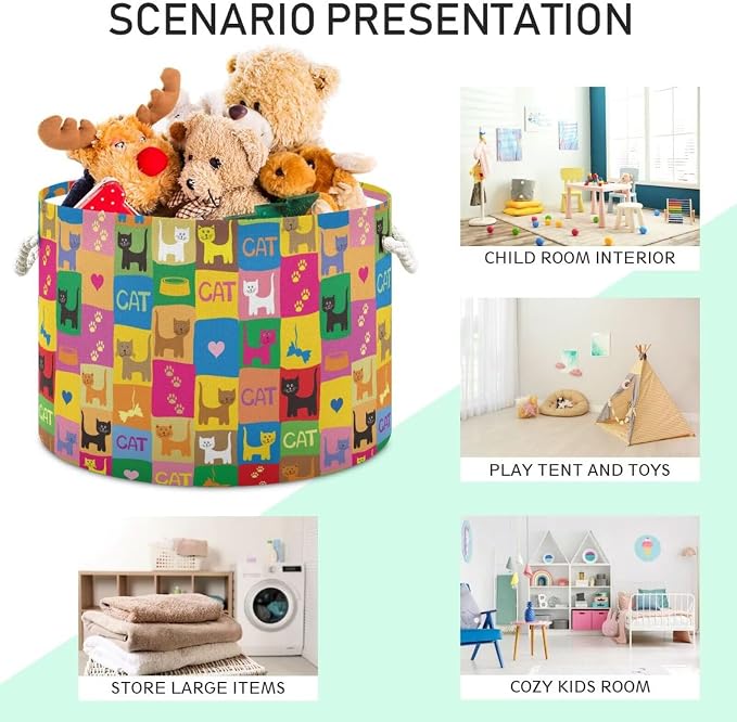 Colorful Cat Print Collapsible Round Storage Basket with Handles | Pet Kitten Paild Large Laundry Baskets Hamper, Clothes Organizer Bin for Nursery Bedroom Living Room Decor, 20x 20x 14 Inches