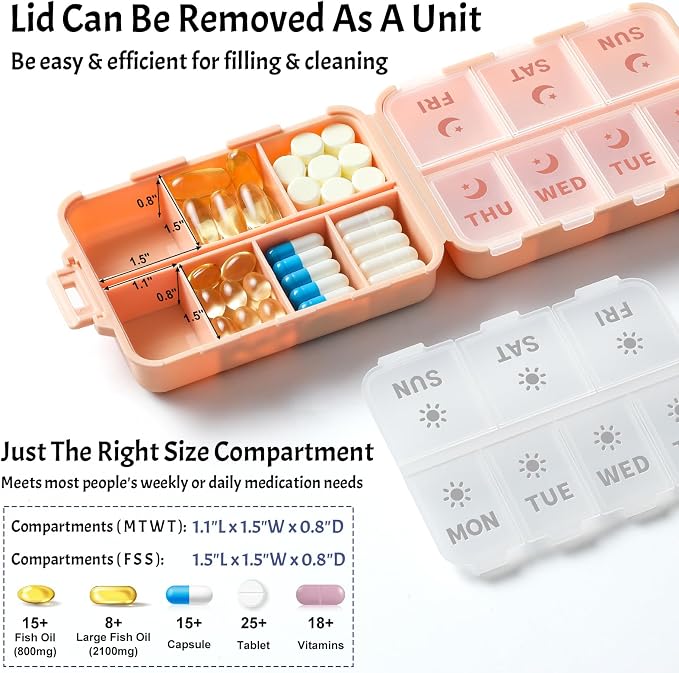 NEW Foldable & Double Protection Portable Weekly Pill Organizer 2 Times A Day with Etched Labels, AM PM 7 Day Week Medicine Box, Daily Travel Pill Case Holder Dispenser for Vitamin, Supplement - Pink