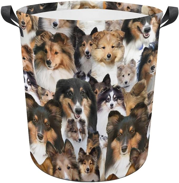 Sheltie Dog Print Laundry Basket, Funny Sheltie Dog Face Laundry Hamper, Foldable Waterproof Oxford Cloth Tote Bag Dirty Clothes Storage Bucket Organizer for Bathroom Bedroom